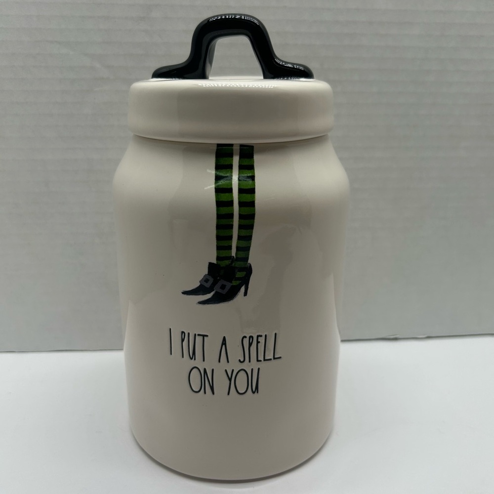Rae Dunn Halloween canister I put a spell on you white black witch legs w/lid